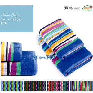 Set asciugamani Etnic 1+1 in spugna di cotone, fantasia etnica multicolore, morbidi e assorbenti