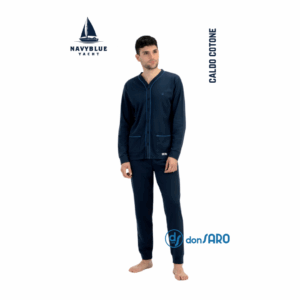 Pigiama uomo con giacca caldo cotone, Navyblue 7691