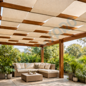 pergola in legno con copertura in tessuto microforato beige ombreggiante dettaglio