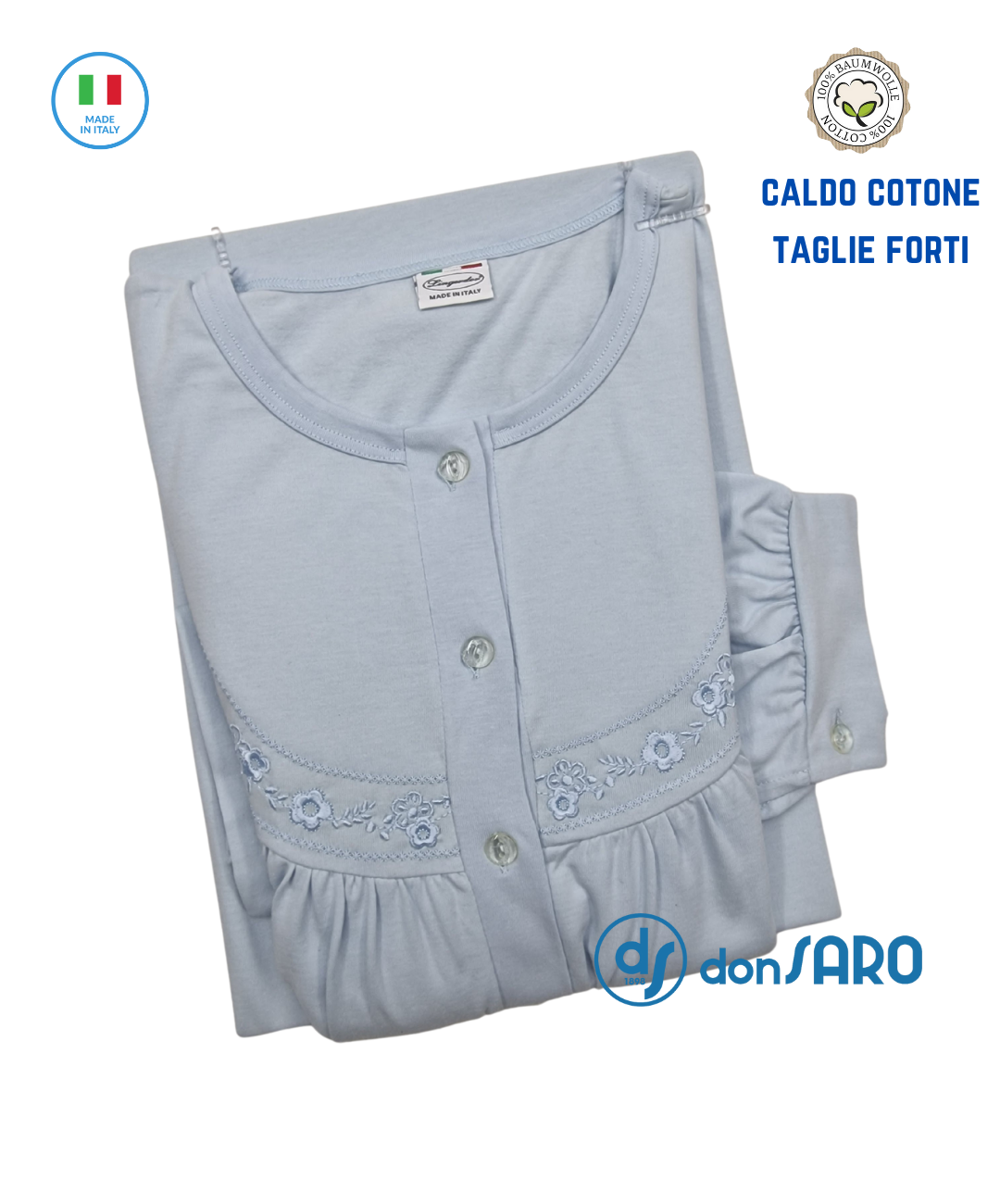 Camicia Da Notte Donna A Maniche Lunghe Con Bottoni – Modello Normann In Bianco, Taglia Large