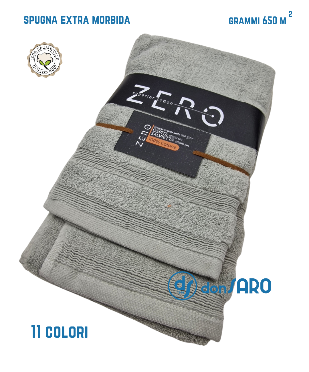 CARRARA Set 2 Asciugamani In Puro Cotone Spugna Velour - Collezione Bowery, Colore Grigio