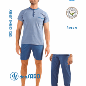 Pigiama uomo 3 pezzi, maglia, short e pantalone, cotone Gary