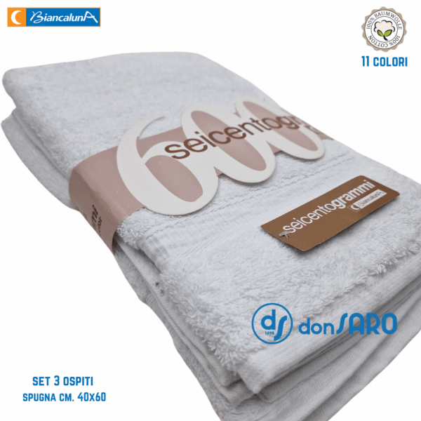 Set 3 asciugamani ospiti spugna 600 grammi cm 40x60 Biancaluna