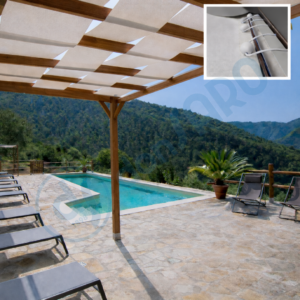 pergola in legno con telo bianco entra esci impermeabile montato su travi dettaglio